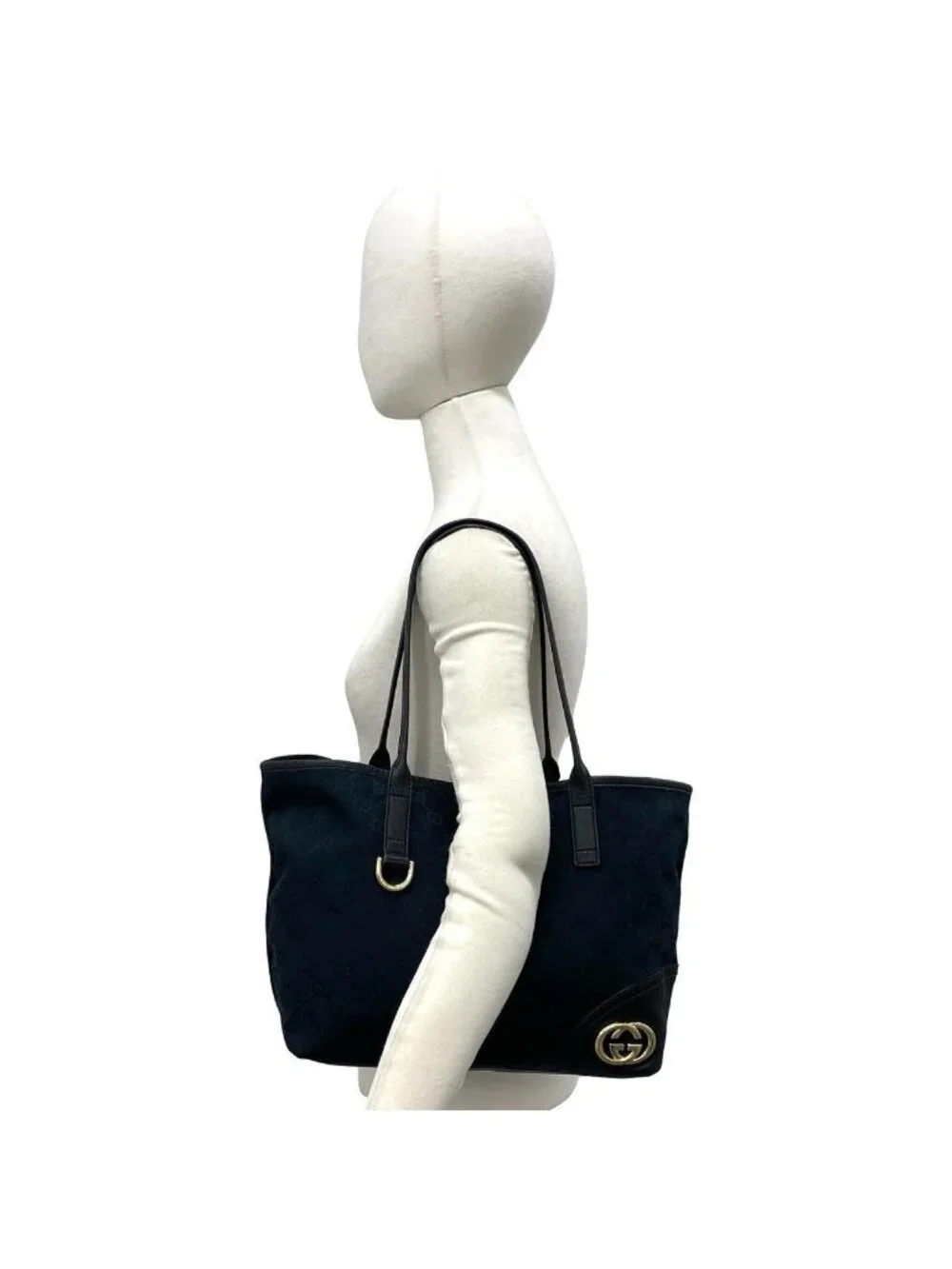 Gucci New Brit GG Logo Canvas Leather Tote Bag Black